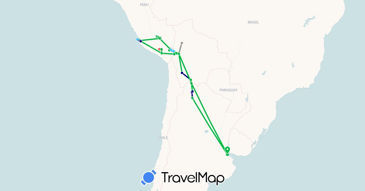 TravelMap itinerary: driving, bus, plane, hiking, boat in Argentina, Bolivia, Peru (South America)